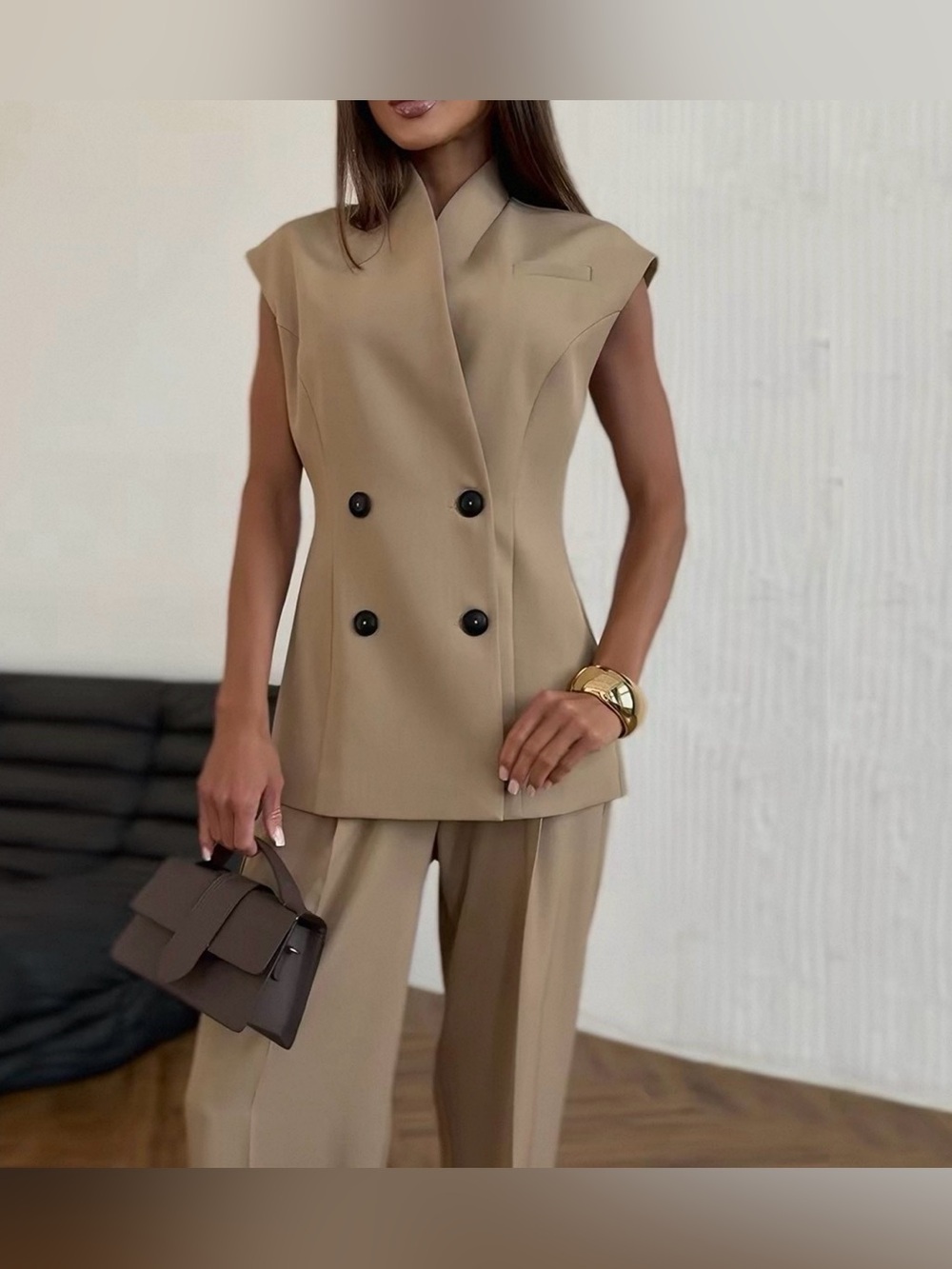 NWOT Tailored Sleeveless Double-Breasted Vest in Tan with trousers - Picture 4 of 4